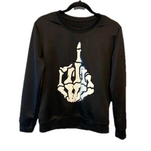 Skeleton Black Long Sleeve top with Skeleton Middle Finger Hand, size Medium